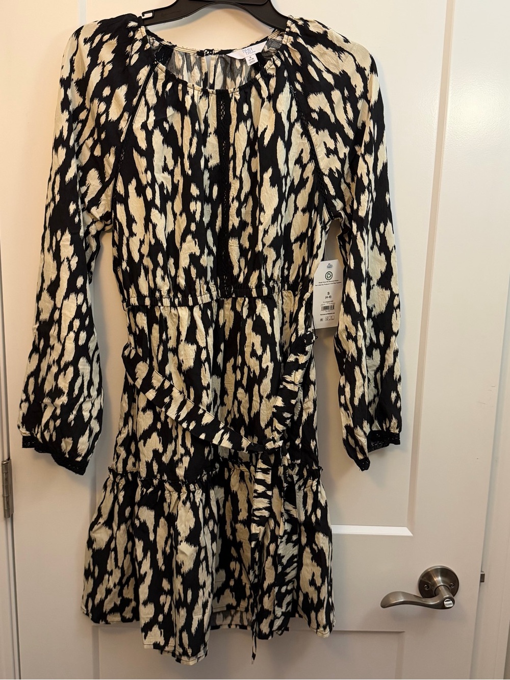 Small Black & Cream Printed Long-Sleeve Tiered Dress